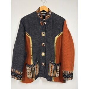 Yak Magik Jacket Women XL Brown Artisanal Boho Silk Trim Cotton Patchwork Coat